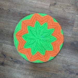 Vintage 70s Handmade Green and Orange Crochet Accent Pillow